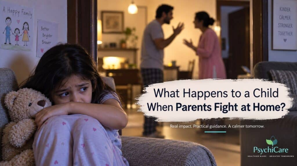Young child looking distressed while parents argue in the background at home, showing how parental conflict can affect a child’s mental health.