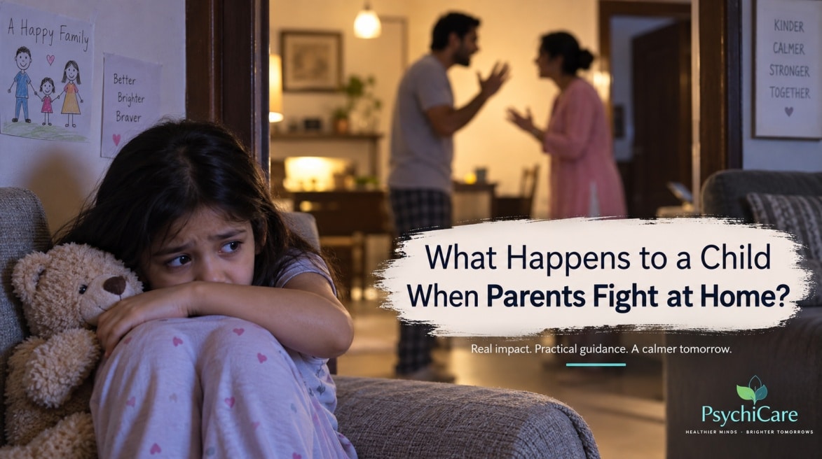 Young child looking distressed while parents argue in the background at home, showing how parental conflict can affect a child’s mental health.