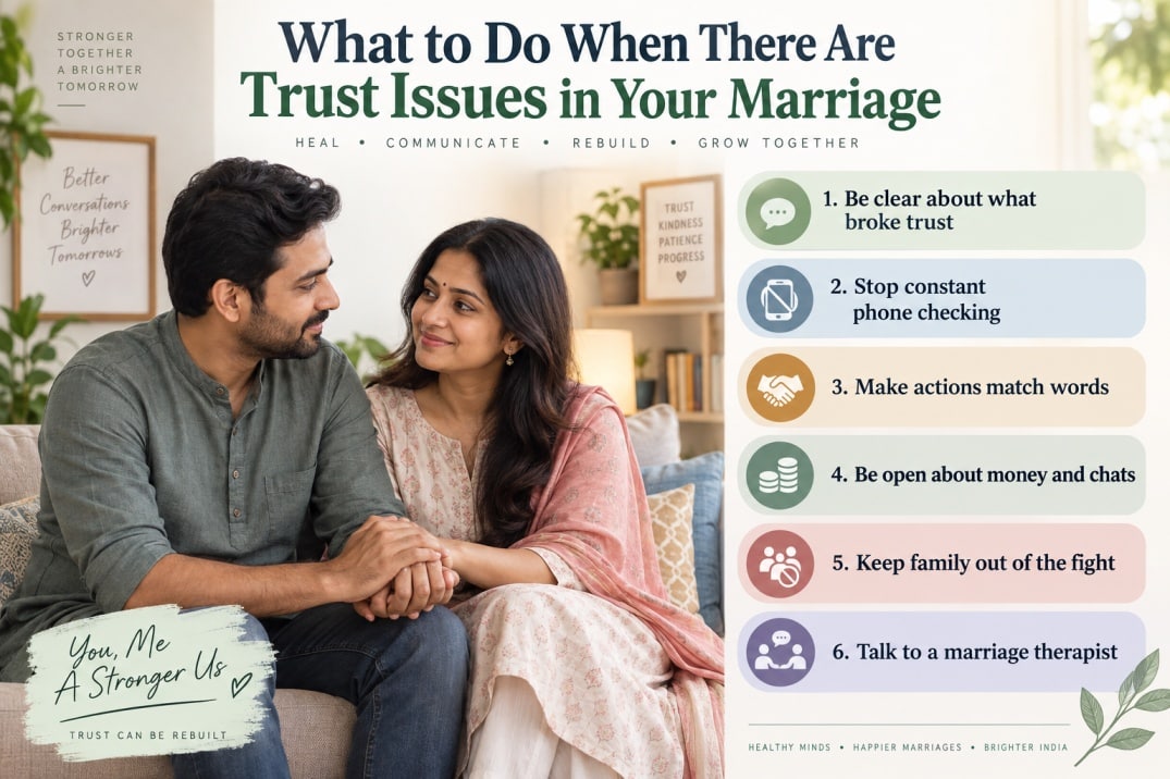 Indian couple rebuilding trust in marriage through honest communication, financial openness and marriage counselling