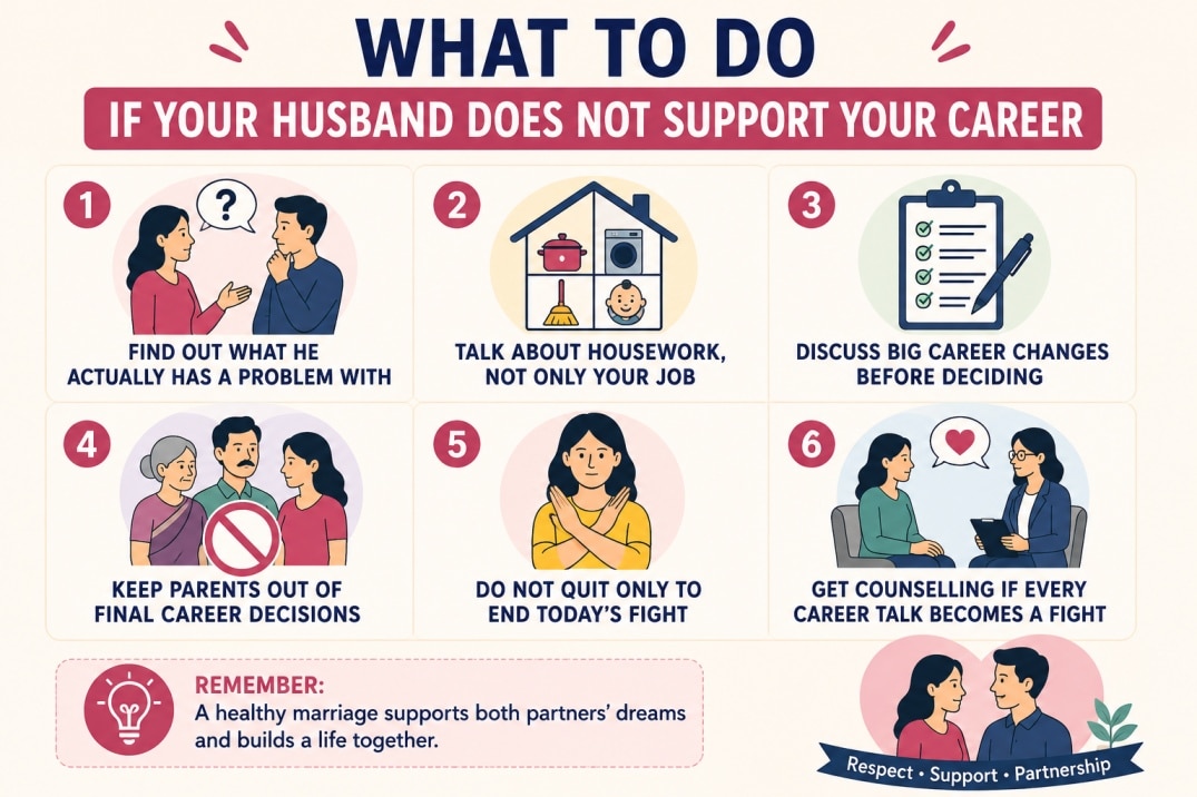 What to do if your husband does not support your career after marriage, including housework talks, career decisions and counselling