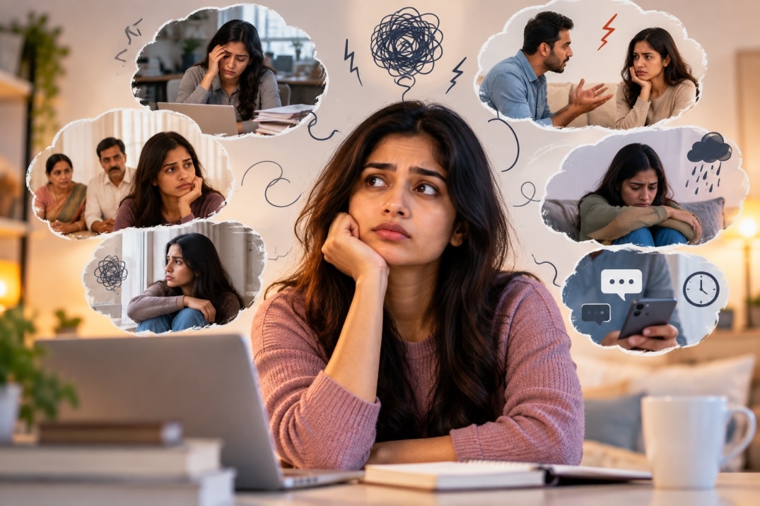 Young Indian woman feeling overwhelmed by work stress, relationship conflict, family pressure and emotional distress