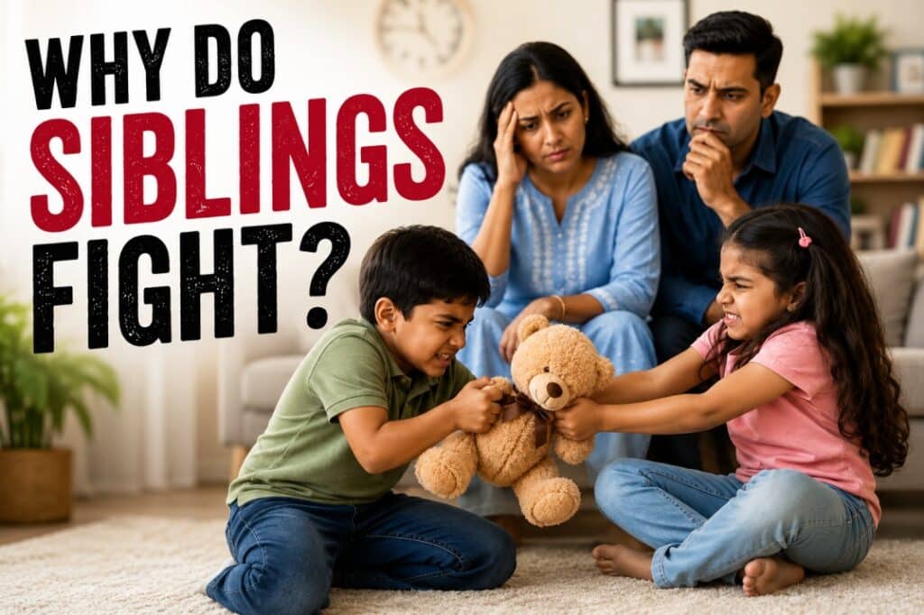 Indian brother and sister fighting over a toy while worried parents watch, showing sibling rivalry at home.