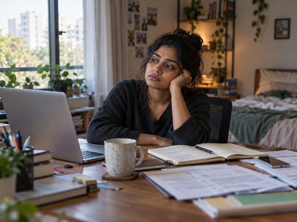 Young Indian woman sitting at her desk feeling emotionally disconnected and uninterested in daily activities