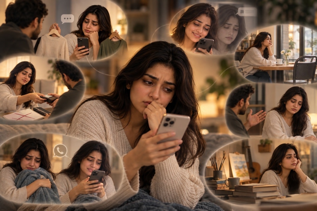 Worried woman checking her phone, surrounded by scenes showing emotional dependency, reassurance-seeking, fear of disagreement, and loss of independence.