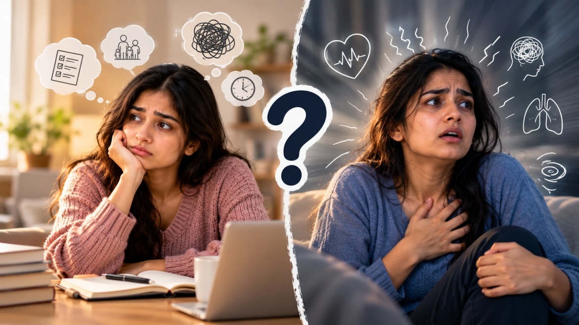 Young Indian woman experiencing anxiety and panic symptoms in a split-screen image showing worry, racing heartbeat and sudden intense fear.