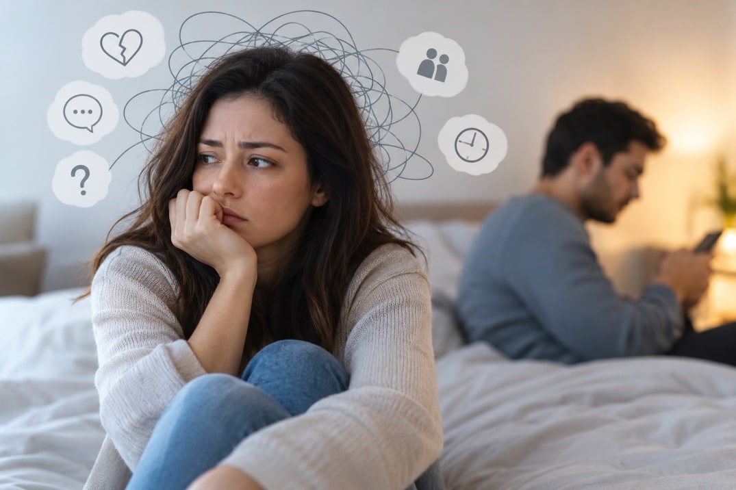 Anxious attachment in relationships showing a worried woman overthinking while her partner appears emotionally distant.