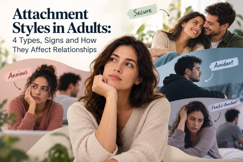 Attachment styles in adults showing secure, anxious, avoidant and fearful-avoidant relationship patterns.