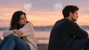 Couple sitting apart and emotionally distant, illustrating avoidant attachment and discomfort with emotional closeness in relationships.