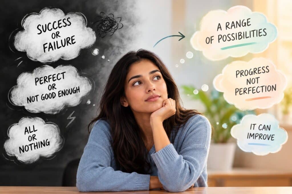 Woman experiencing black-and-white thinking, comparing all-or-nothing thoughts with more balanced perspectives.