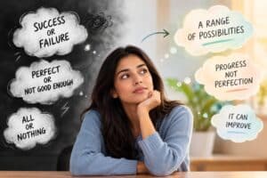 Woman experiencing black-and-white thinking, comparing all-or-nothing thoughts with more balanced perspectives.