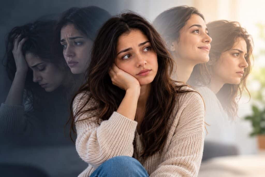 Woman experiencing intense and changing emotions associated with borderline personality disorder.