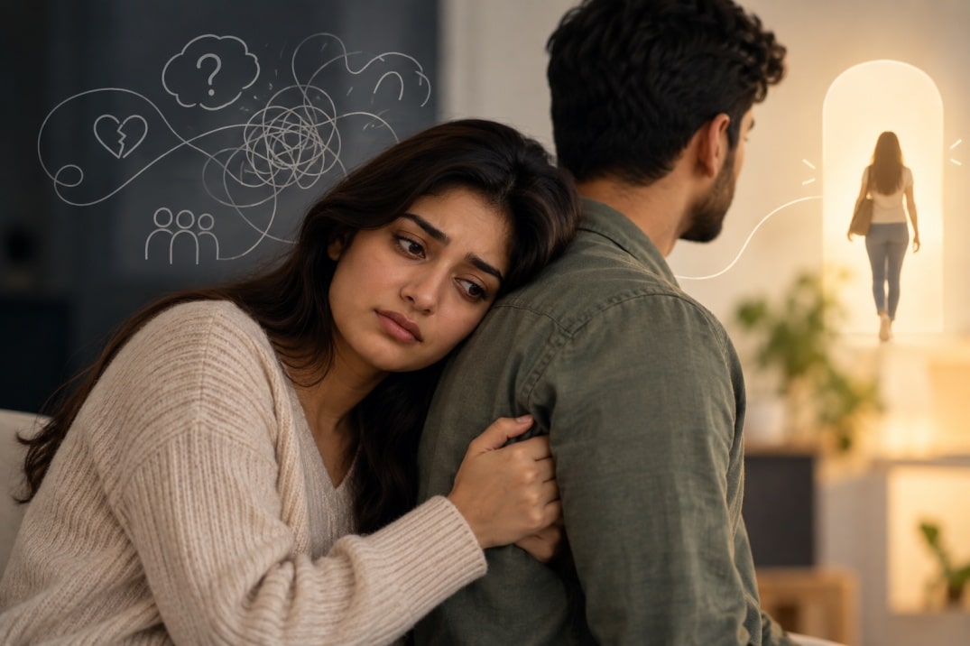 Woman leaning on her partner for emotional support, illustrating emotional dependency and the struggle to develop independence.