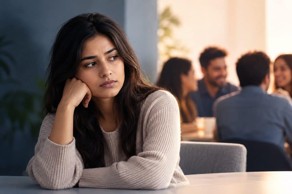 Young Indian woman feeling isolated and worried about social rejection while a group of friends talks in the background.