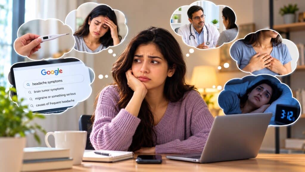 Worried woman experiencing health anxiety, searching symptoms online and thinking about medical tests, illness and physical sensations.