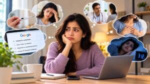 Worried woman experiencing health anxiety, searching symptoms online and thinking about medical tests, illness and physical sensations.