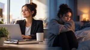 Woman appearing productive at work while privately struggling with symptoms of high-functioning depression.
