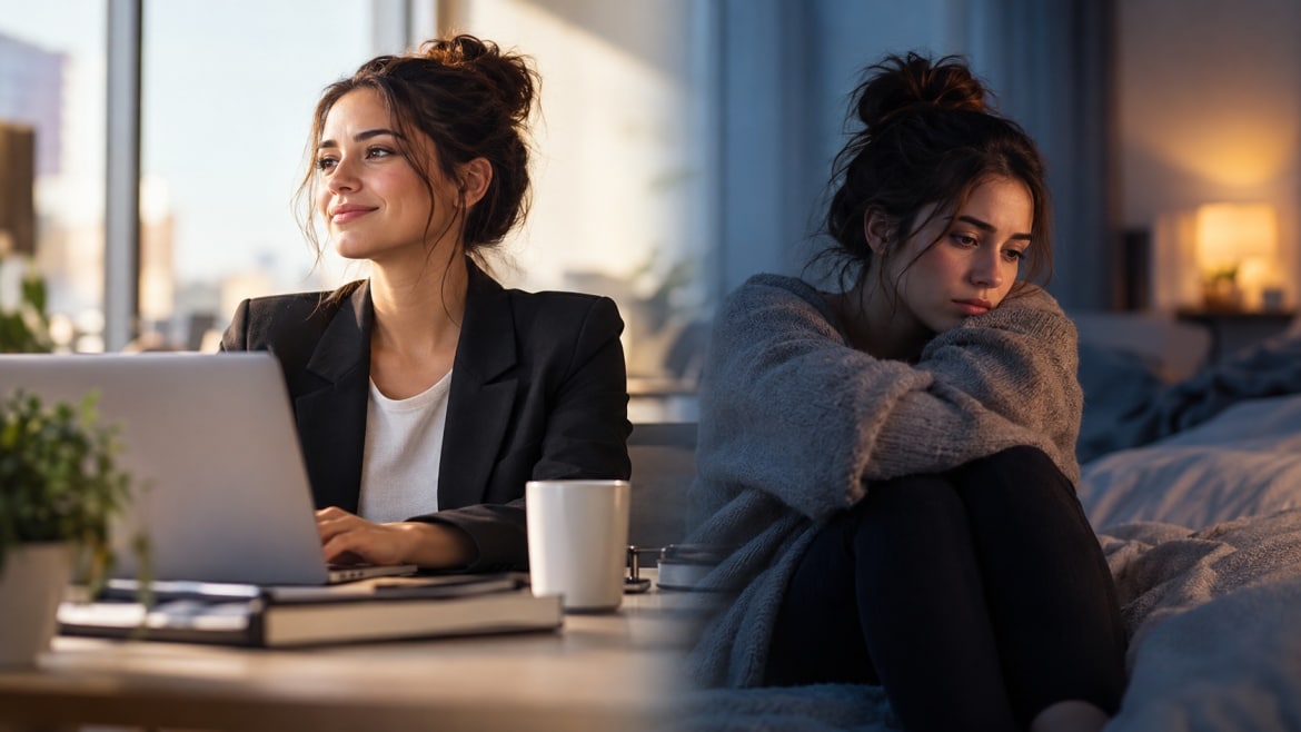 Woman appearing productive at work while privately struggling with symptoms of high-functioning depression.