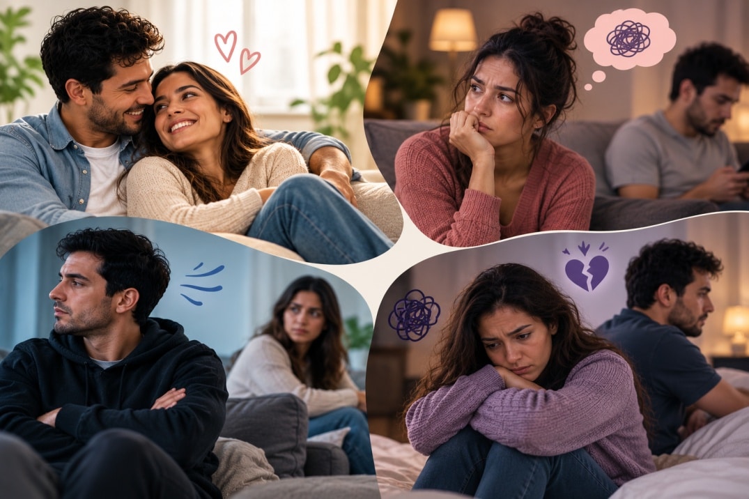 Couples showing secure, anxious, avoidant and fearful-avoidant attachment patterns in romantic relationships.