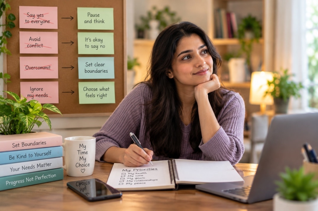 Woman reflecting on how to stop people-pleasing by pausing before saying yes, setting boundaries, and considering her own needs.