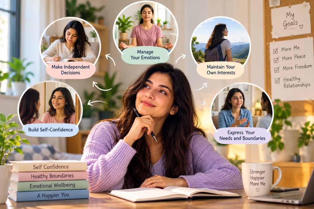 Woman practising ways to overcome emotional dependency through independent decisions, emotional regulation, self-confidence, personal interests, and healthy boundaries.