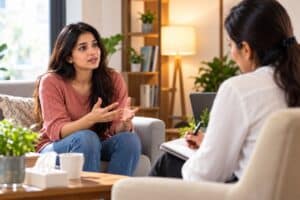 oung Indian woman talking to a female therapist during her first counselling session, explaining her feelings and personal concerns.
