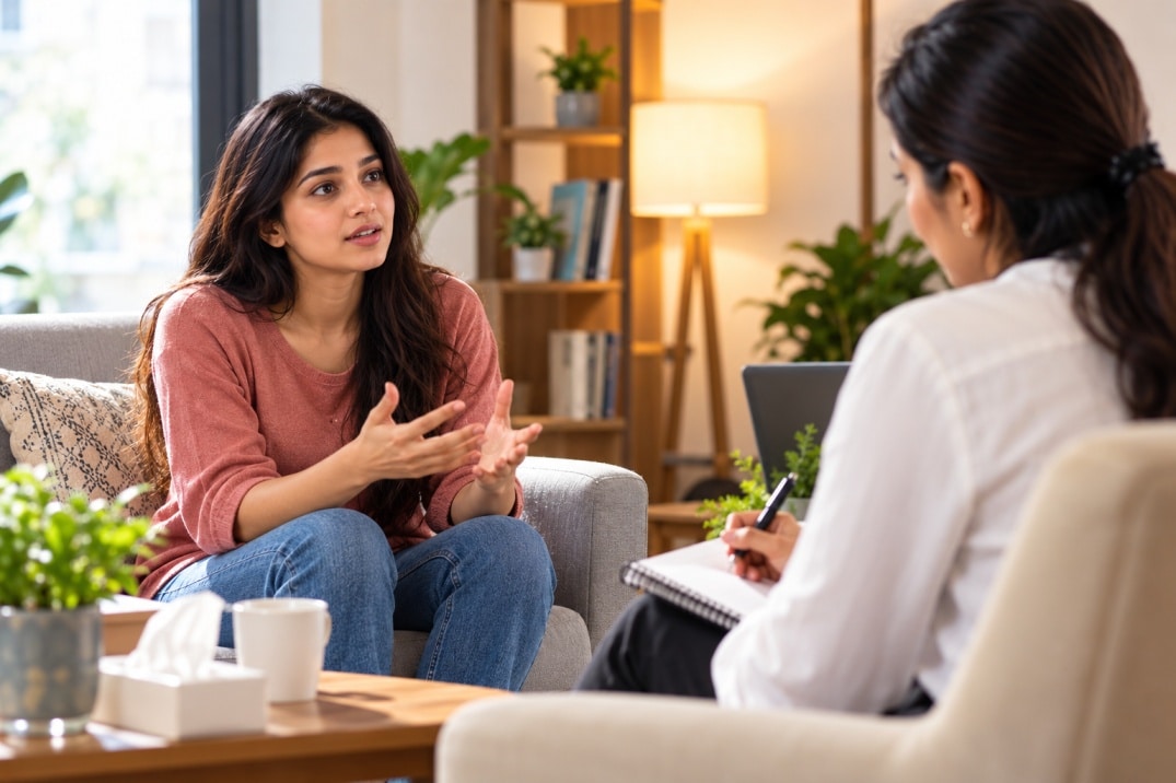 oung Indian woman talking to a female therapist during her first counselling session, explaining her feelings and personal concerns.
