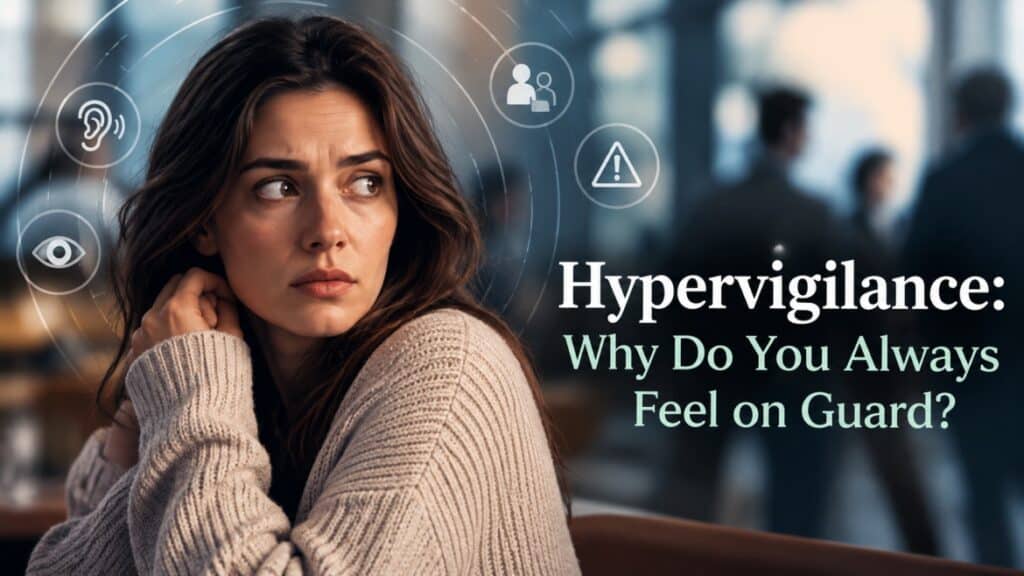 Woman appearing tense and highly alert in a public setting, illustrating hypervigilance and constant monitoring for possible danger.