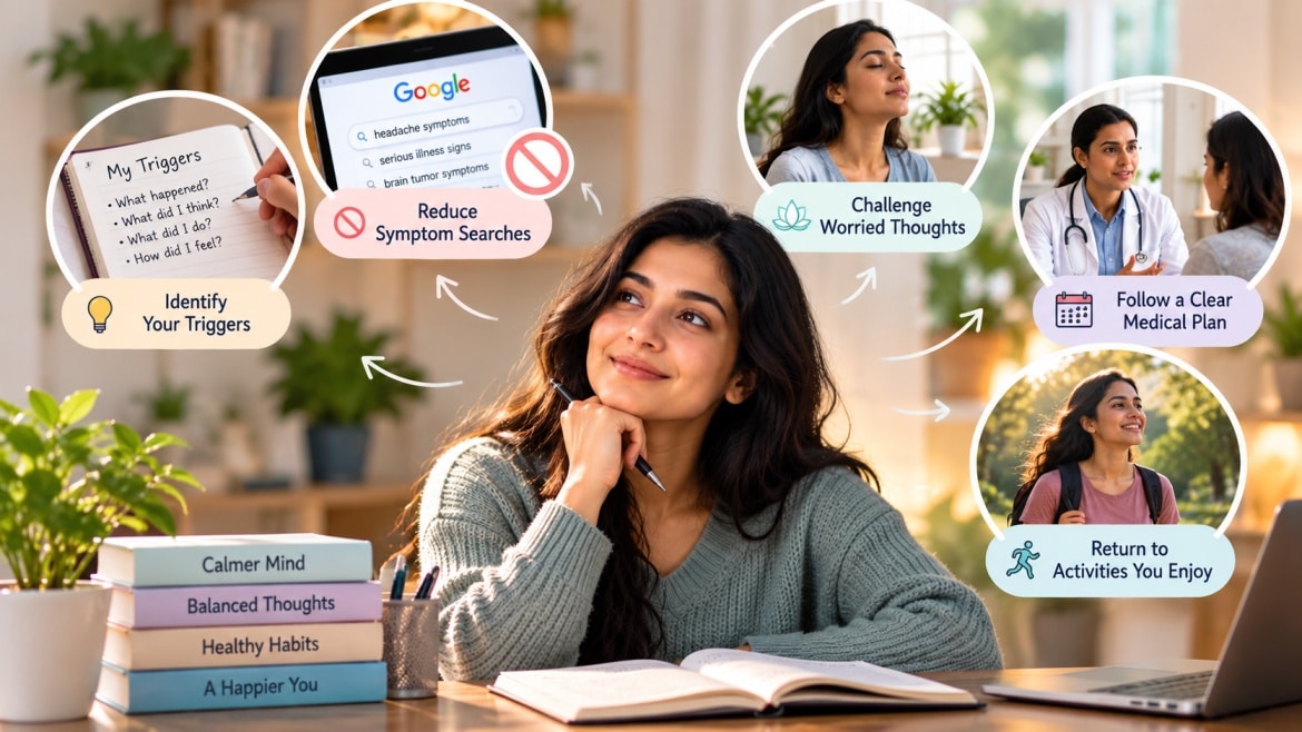 Woman learning how to manage health anxiety by identifying triggers, reducing symptom searches, challenging worried thoughts, following medical advice, and returning to daily activities.