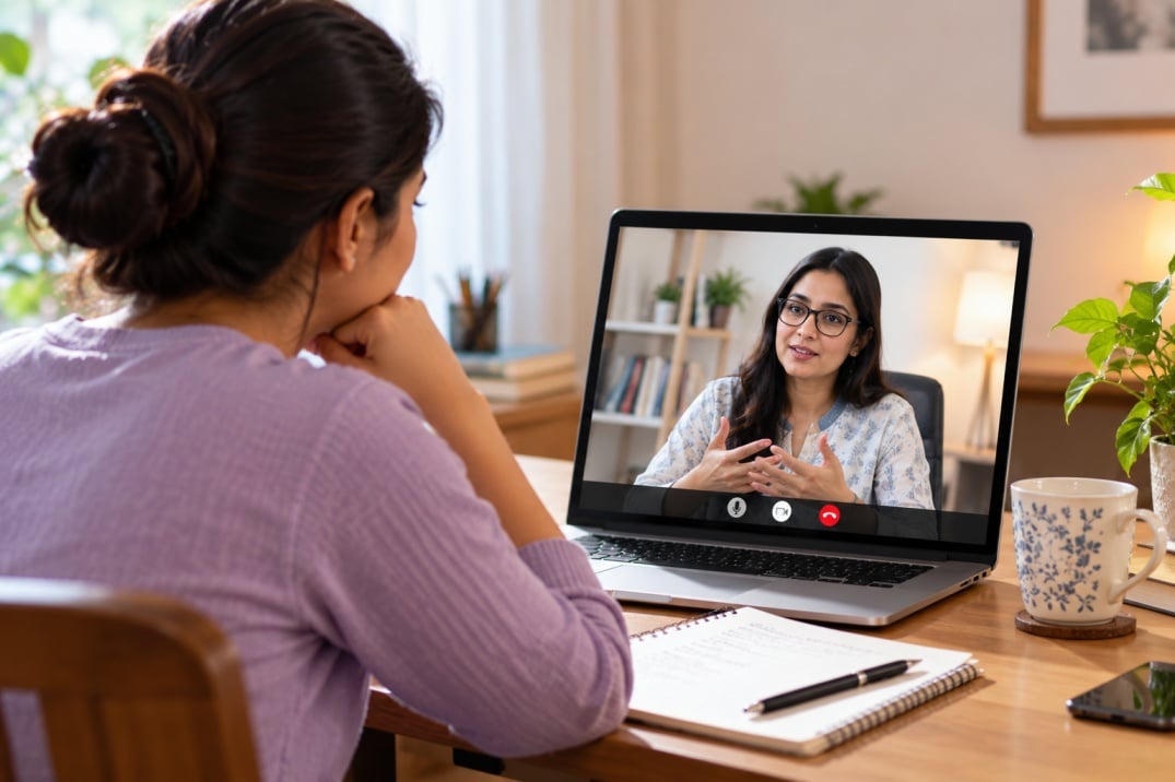 Young Indian woman attending an online therapy session from home, listening to a female psychologist on a laptop video call.