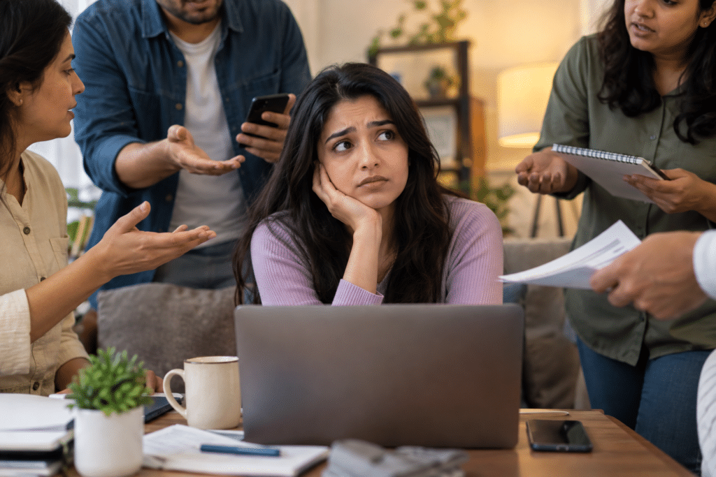 Overwhelmed woman surrounded by people asking for help, illustrating people-pleasing, overcommitment, and difficulty saying no.