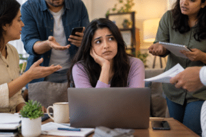 Overwhelmed woman surrounded by people asking for help, illustrating people-pleasing, overcommitment, and difficulty saying no.
