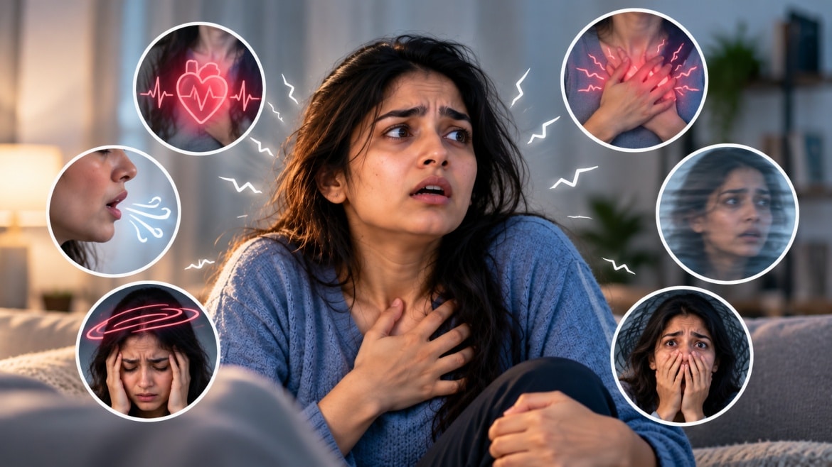 Young Indian woman experiencing panic attack symptoms, including racing heartbeat, chest discomfort, dizziness, breathing difficulty and intense fear.