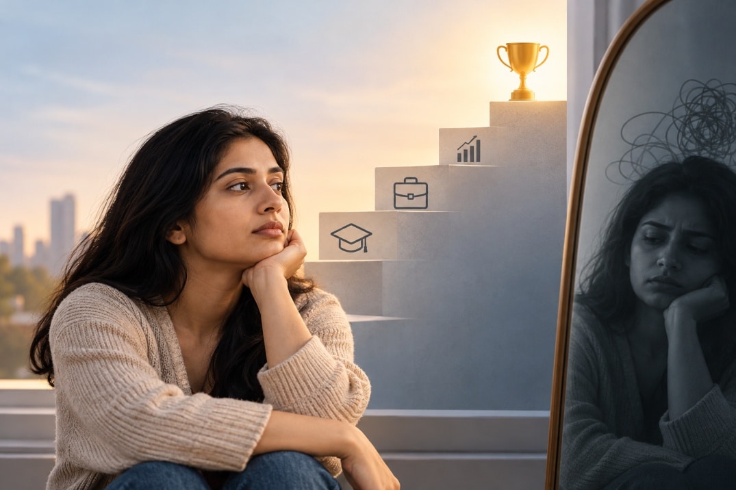 Young Indian woman reflecting on her achievements, with a trophy representing success and a mirror showing self-doubt linked to perfectionism and self-worth.