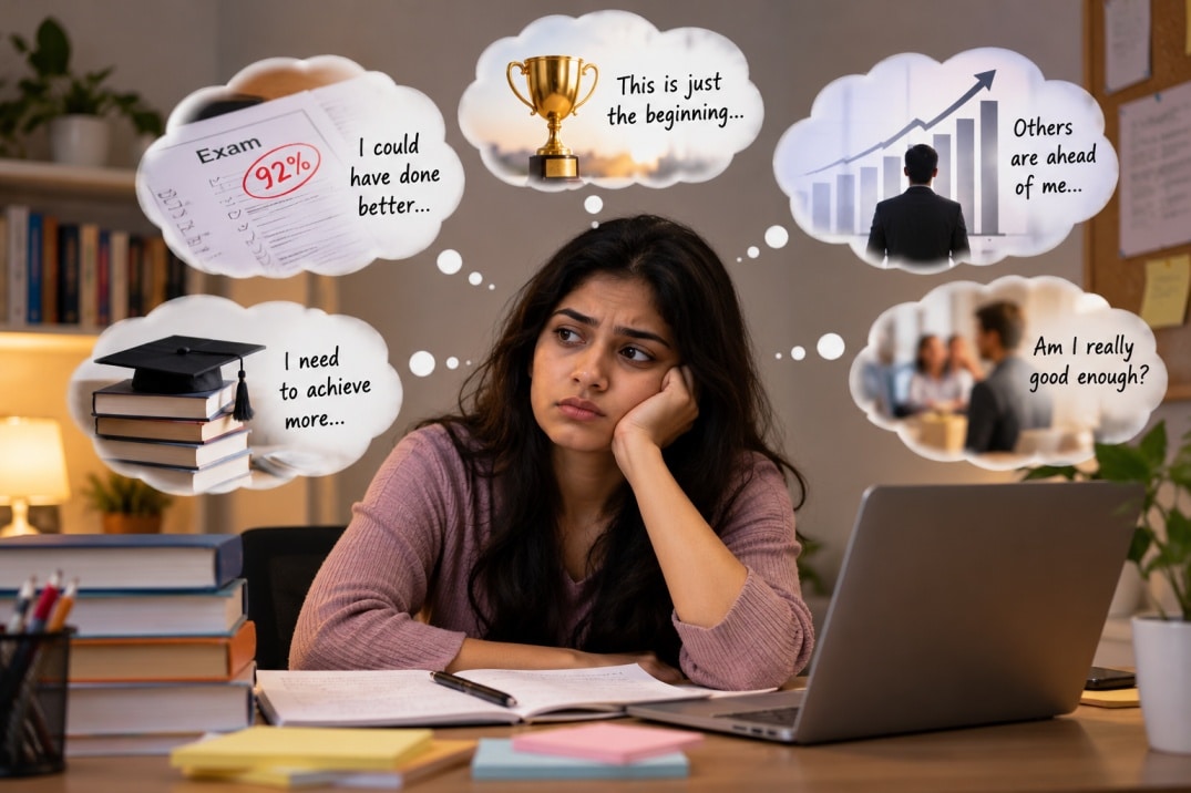 Indian woman overthinking her 92% exam score and comparing her achievements with others despite performing well.