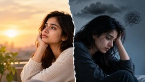 Sadness vs Depression – Understanding the Difference Young Indian woman shown in contrasting emotional states, illustrating the difference between normal sadness and depression.