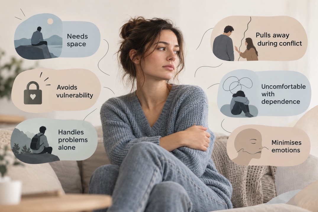 Infographic showing signs of avoidant attachment in adults, including needing space, avoiding vulnerability, handling problems alone, pulling away during conflict, discomfort with dependence, and minimising emotions.