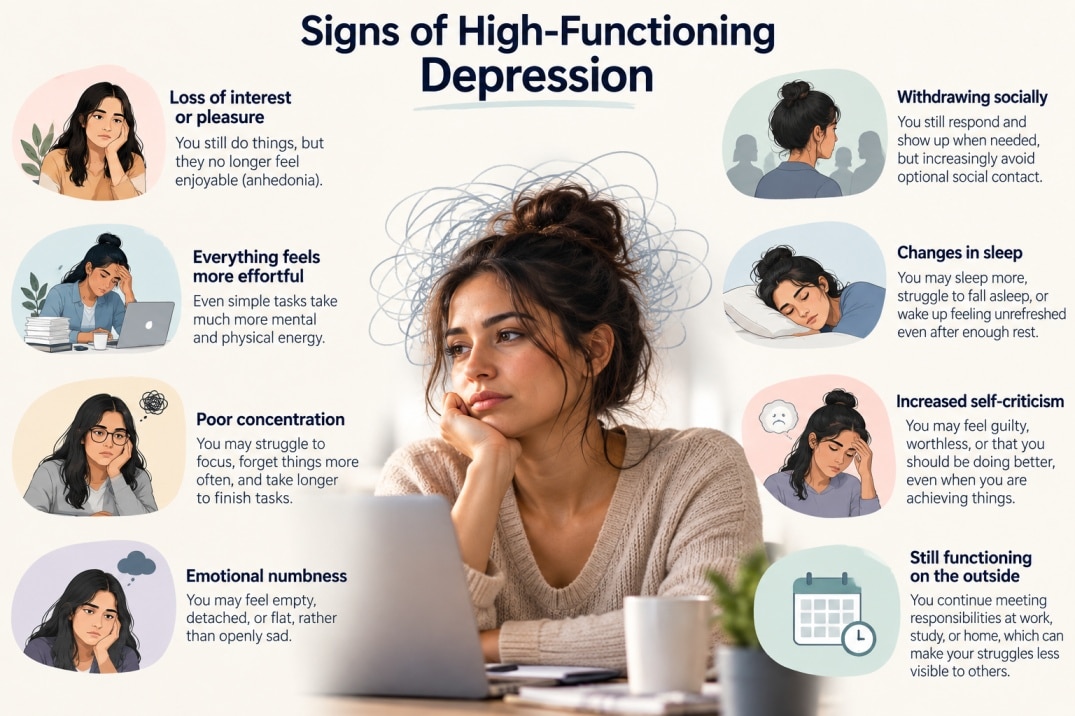 Infographic showing common signs of high-functioning depression, including loss of interest, fatigue, poor concentration, emotional numbness, withdrawal, sleep changes, and self-criticism.