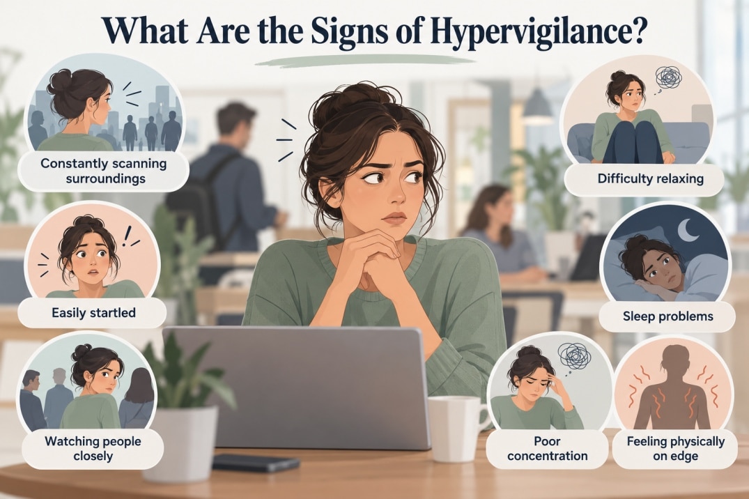 Infographic showing signs of hypervigilance, including constant scanning, being easily startled, watching people closely, difficulty relaxing, sleep problems, poor concentration, and feeling physically on edge.
