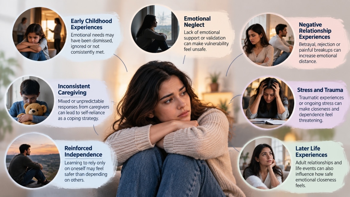 Infographic showing possible causes of avoidant attachment, including early childhood experiences, emotional neglect, inconsistent caregiving, relationship pain, stress, trauma, and learned self-reliance.
