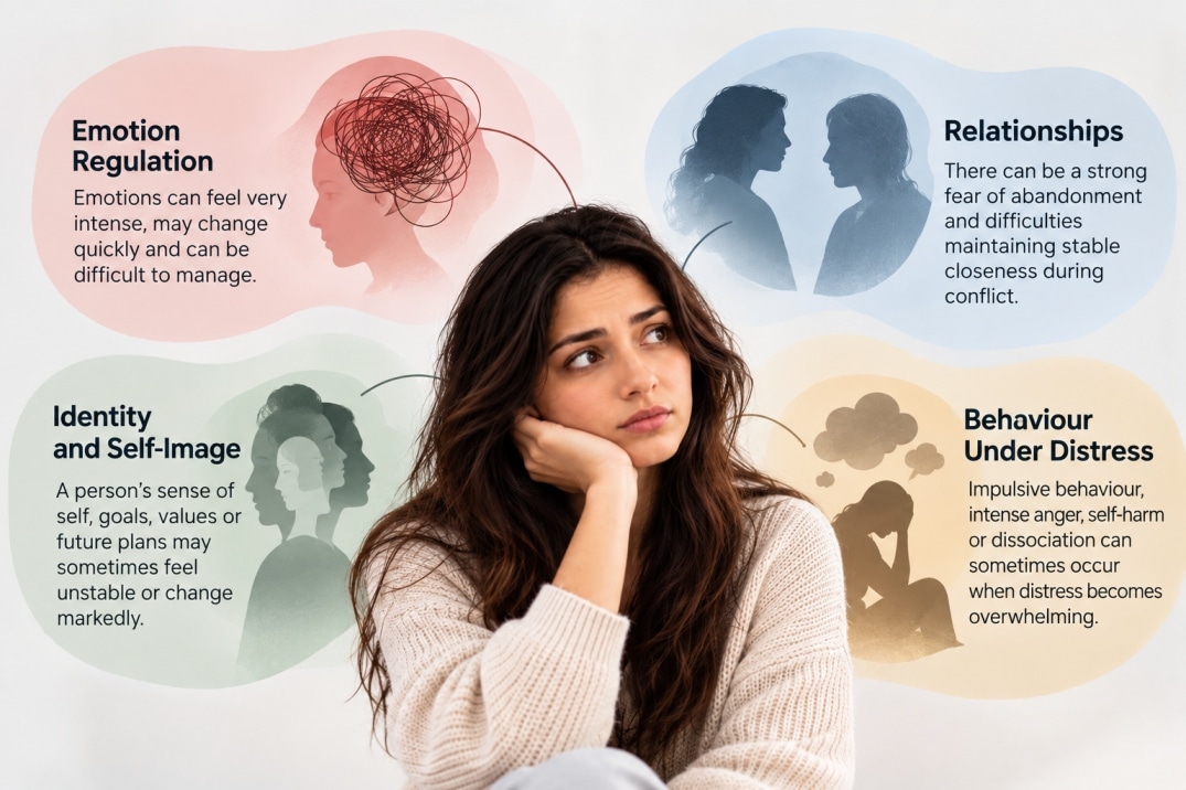 Borderline personality disorder infographic showing emotion regulation, relationships, identity, and behaviour under distress.