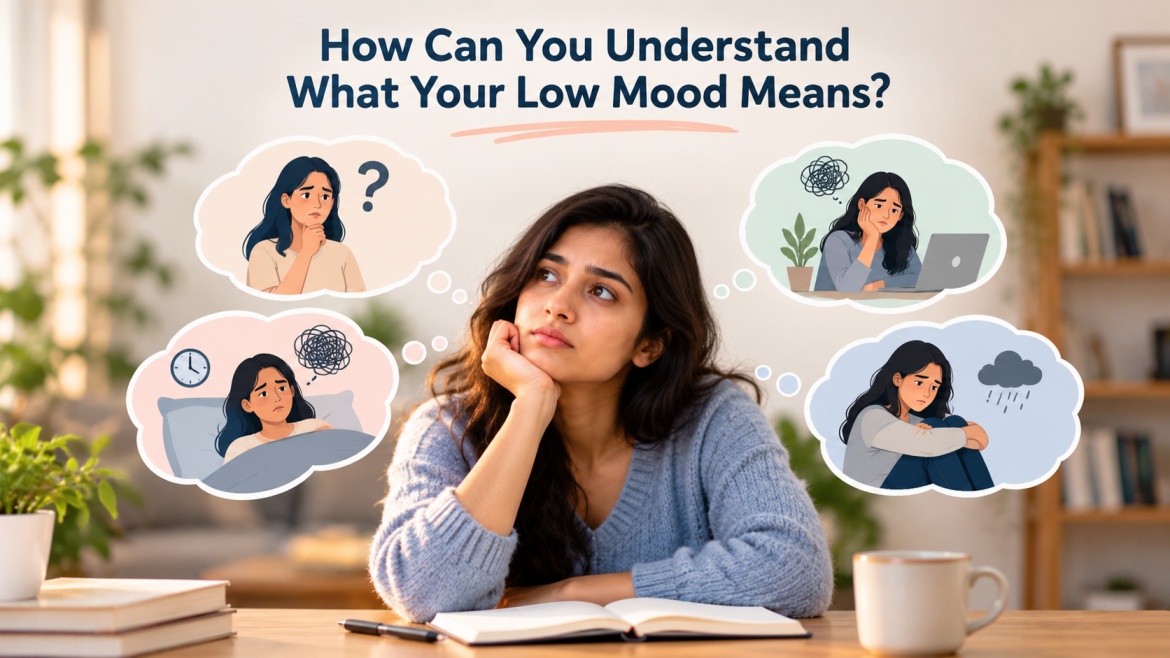 Understanding Low Mood Through Thoughtful Reflection Young Indian woman reflecting on her low mood, sleep problems, emotional exhaustion and possible signs of depression.