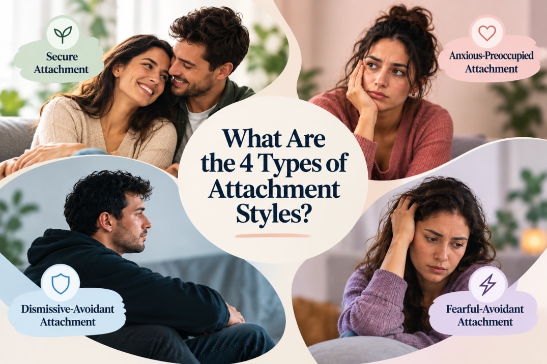 Four types of attachment styles in adults: secure, anxious-preoccupied, dismissive-avoidant, and fearful-avoidant.
