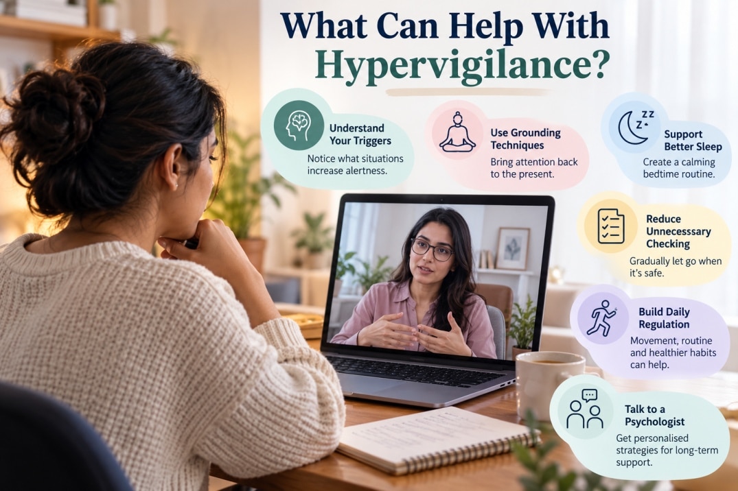 Online therapy session for hypervigilance showing a psychologist speaking with a client about triggers, grounding, sleep, checking behaviours, and emotional regulation.