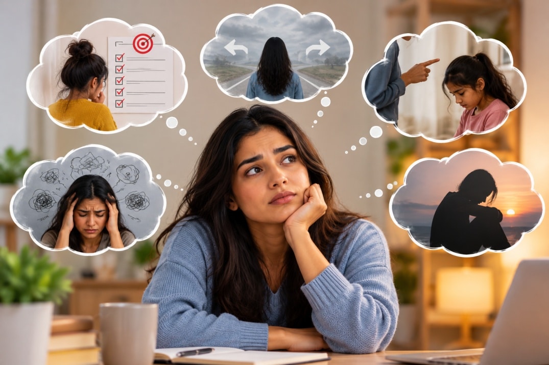 Worried woman reflecting on perfectionism, childhood criticism, uncertainty, and emotional stress linked to black-and-white thinking.