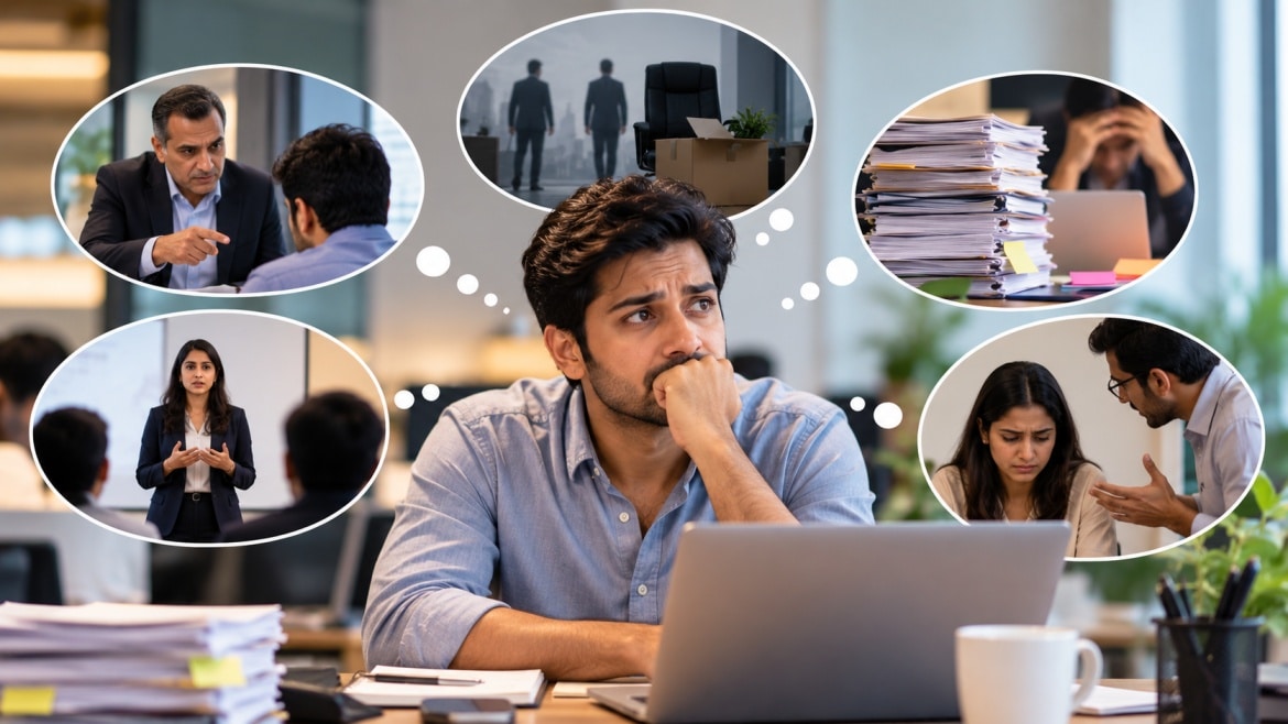 Worried Indian employee experiencing workplace anxiety due to job insecurity, criticism from managers, heavy workload and fear of presentations.
