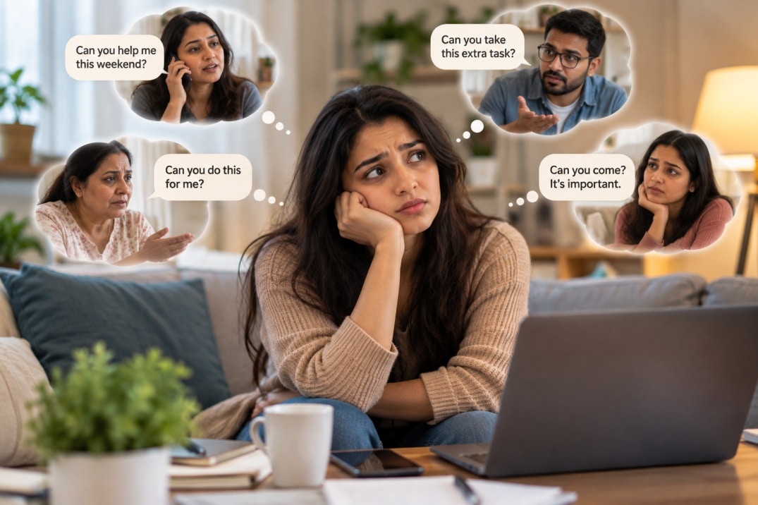 Overwhelmed woman thinking about requests from family, work, and friends, illustrating people-pleasing and difficulty saying no.