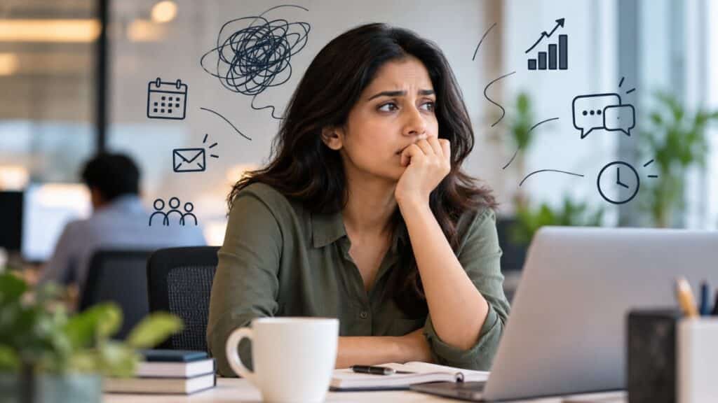 Indian woman experiencing workplace anxiety while sitting at her office desk, worried about deadlines, meetings and work pressure.