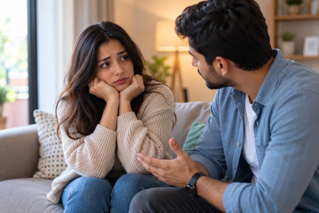 Couple discussing relationship anxiety caused by anxious attachment and fear of emotional distance.